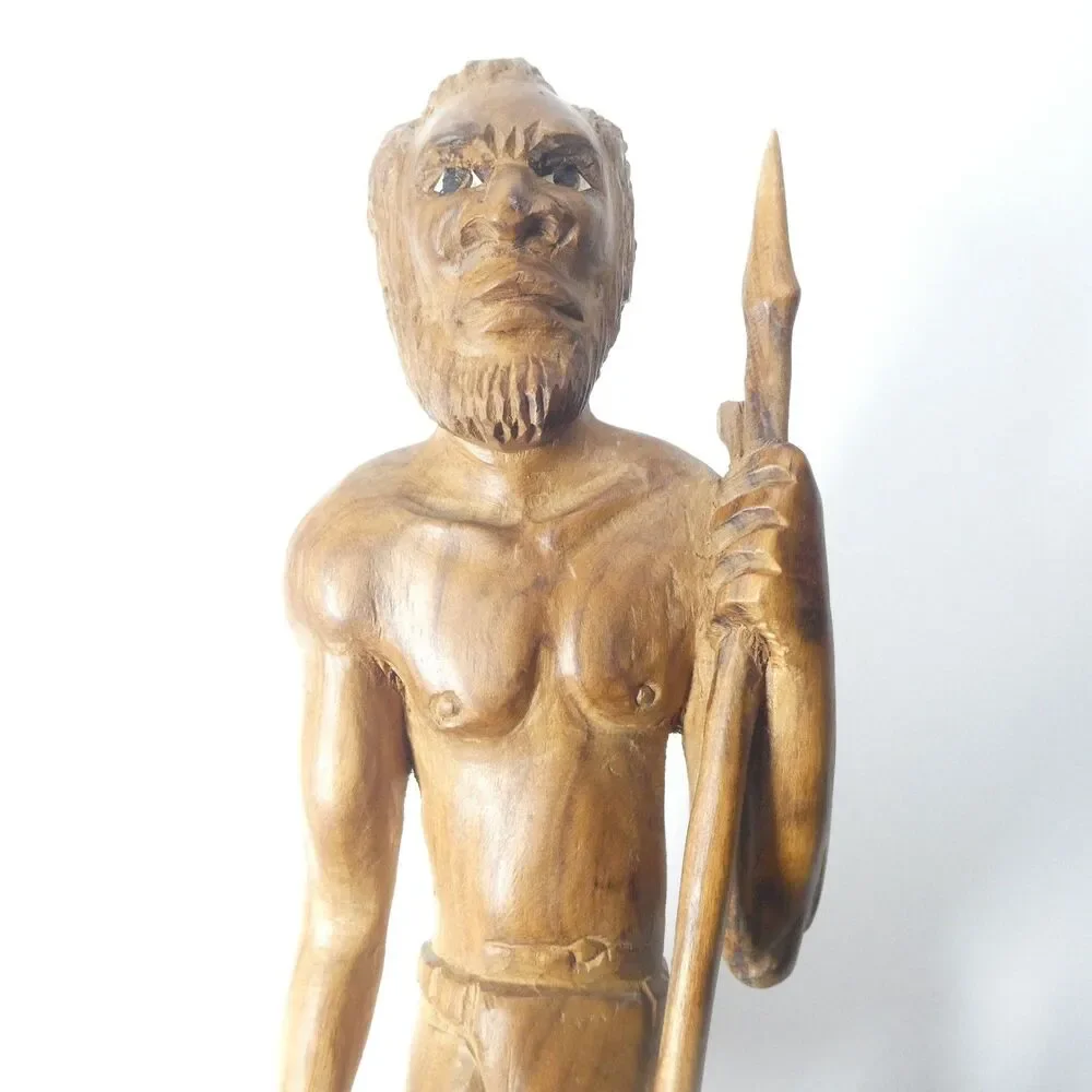 Carved Wooden Statue Hunter Warrior Man w/ Spear 17